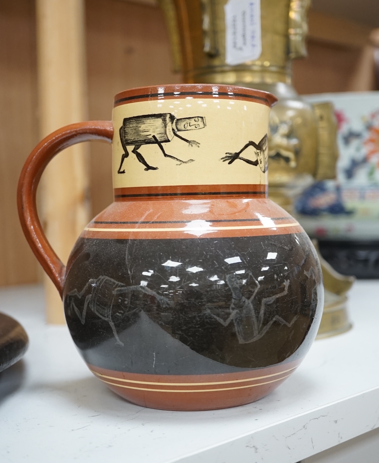 A group of Victorian and later pottery including jasperware, moulded stoneware and a pair of faience candelabra, etc. Condition - varies